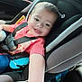 baby, bottle, car_interior, car_seat, child, cute, happy, infant, person, pink_shirt, road_trip, safety, seat, seatbelt, short_hair, smiling, sunlight, toddler, travel, window