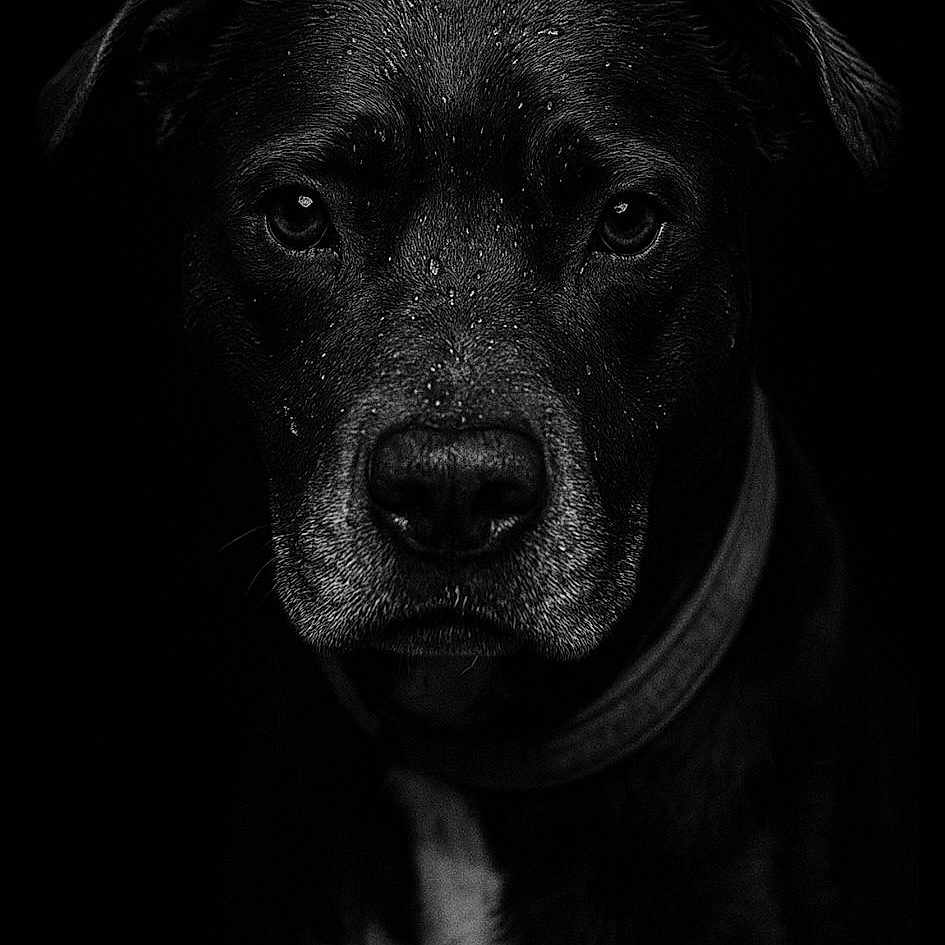 Athena participe au concours pour gagner de l'argent avec cette photo : animal, animal_portrait, black_and_white, black_dog, canine, close_up, collar, dark_background, detail, dog, emotion, expression, face, intense_gaze, moody, pet, portrait, studio_lighting, water_droplets, wet_fur