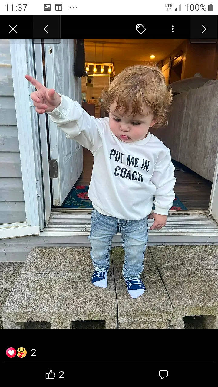 Slade joined the competition — help win amazing prizes! baby_toddler_clothing, child, cool, denim, door, flooring, fun, happy, hardwood, mammal, person, play, room, screenshot, sitting, sleeve, standing, t_shirt, toddler, top