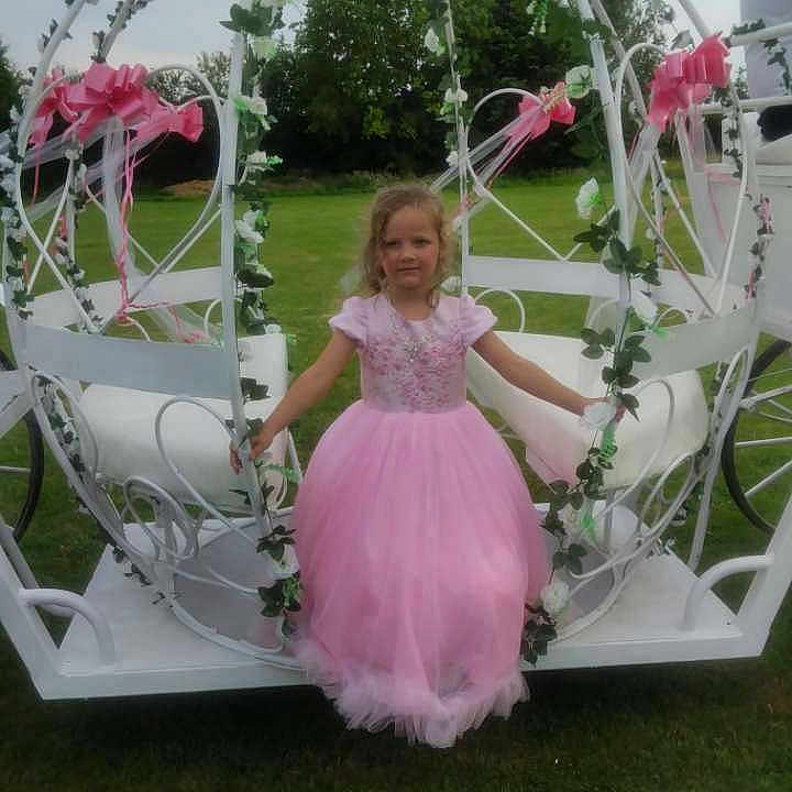 Brooklyn a rejoint le concours — aidez-le/la à gagner de superbes lots ! bows, carriage, celebration, child, cloudy_sky, event, festive, flower_decorations, girl, grass, greenery, outdoor, pink_dress, portrait, princess, standing, trees, vine, white_carriage, young_child