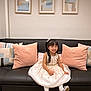 Sophia joined the competition — help win amazing prizes! child, girl, dress, smile, couch, pillows, interior, home, floor, art, painting, wall, happy, sitting, footwear, long_hair, indoor, decor, furniture, portrait
