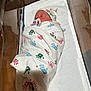 newborn, baby, swaddled, blanket, pacifier, hospital, bassinet, sleeping, infant, hat, mickey_mouse, handprint_pattern, bed, towel, person, cute, rest, indoors, healthcare, child