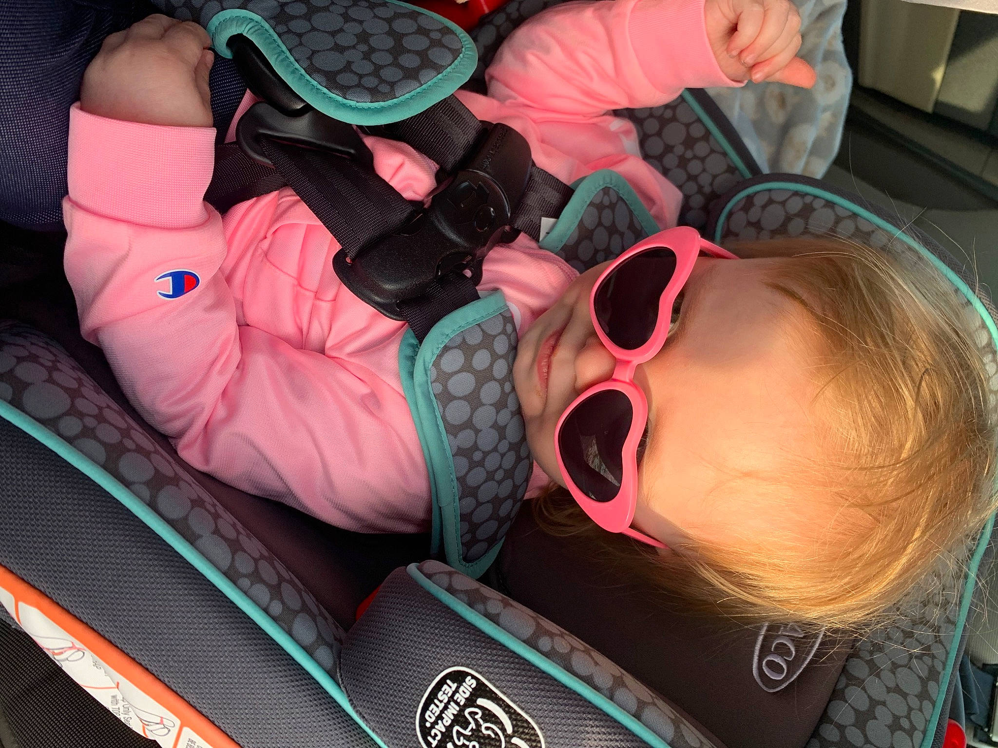Alora Lynn joined the competition — help win amazing prizes! audio_equipment, child, cool, ear, eyewear, finger, fun, glasses, goggles, headgear, leisure, magenta, mouth, organ, person, personal_protective_equipment, pink, product, sunglasses, toddler