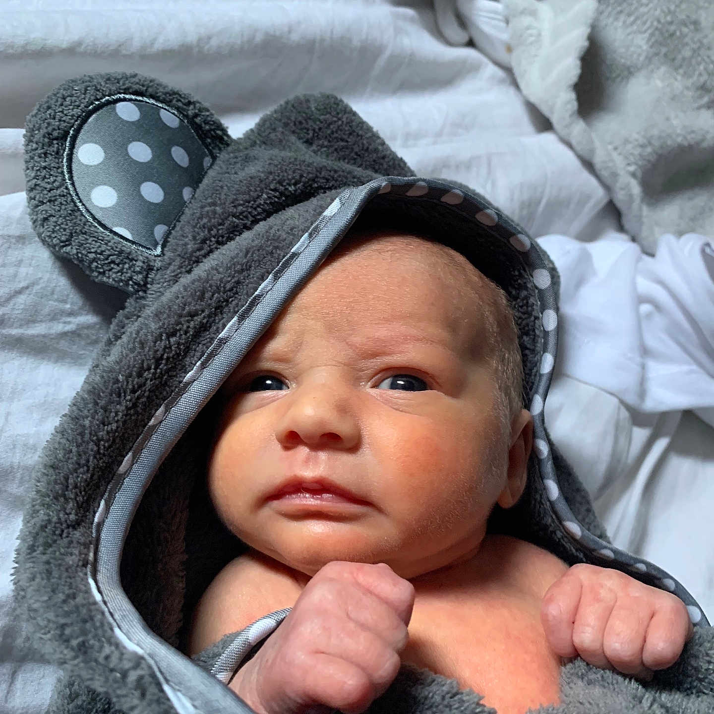 Kady is registered to the contest to win money with this photo: baby, bed, blanket, bodypart, clothing, face, finger, furniture, hand, hat, head, hood, hoodie, knitwear, newborn, person, photography, portrait, quilt, towel
