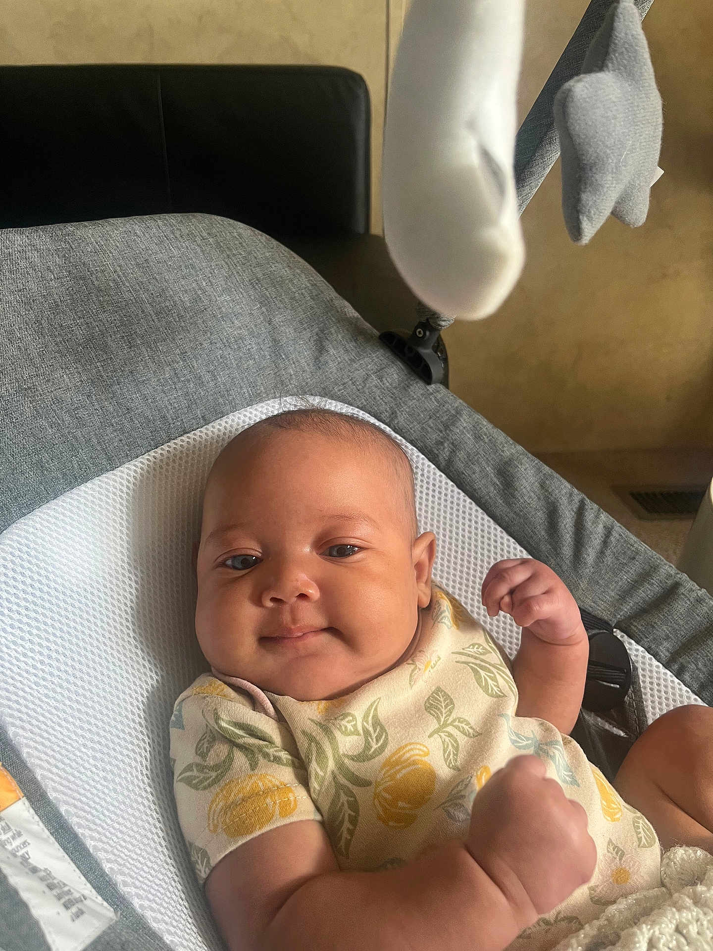 Journee is registered to the contest to win money with this photo: baby, infant, smiling, onesie, lemon_pattern, bouncer, blanket, mobile, soft_toys, chubby_cheeks, portrait, closeup, home_interior, cozy, warm_light, hand, arm, skin, relaxed, gaze