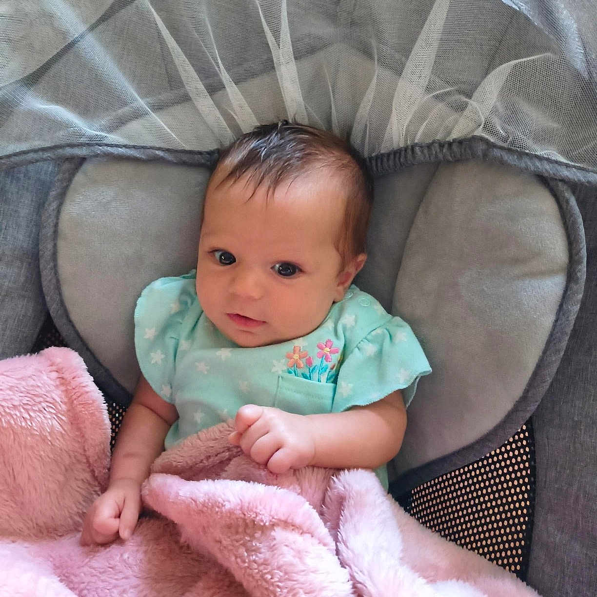 Harper joined the competition — help win amazing prizes! baby, infant, blanket, pink_blanket, baby_seat, cushion, netting, green_outfit, flowers, hand, face, head, curious, indoors, soft_texture, cozy, child, newborn, portrait, resting