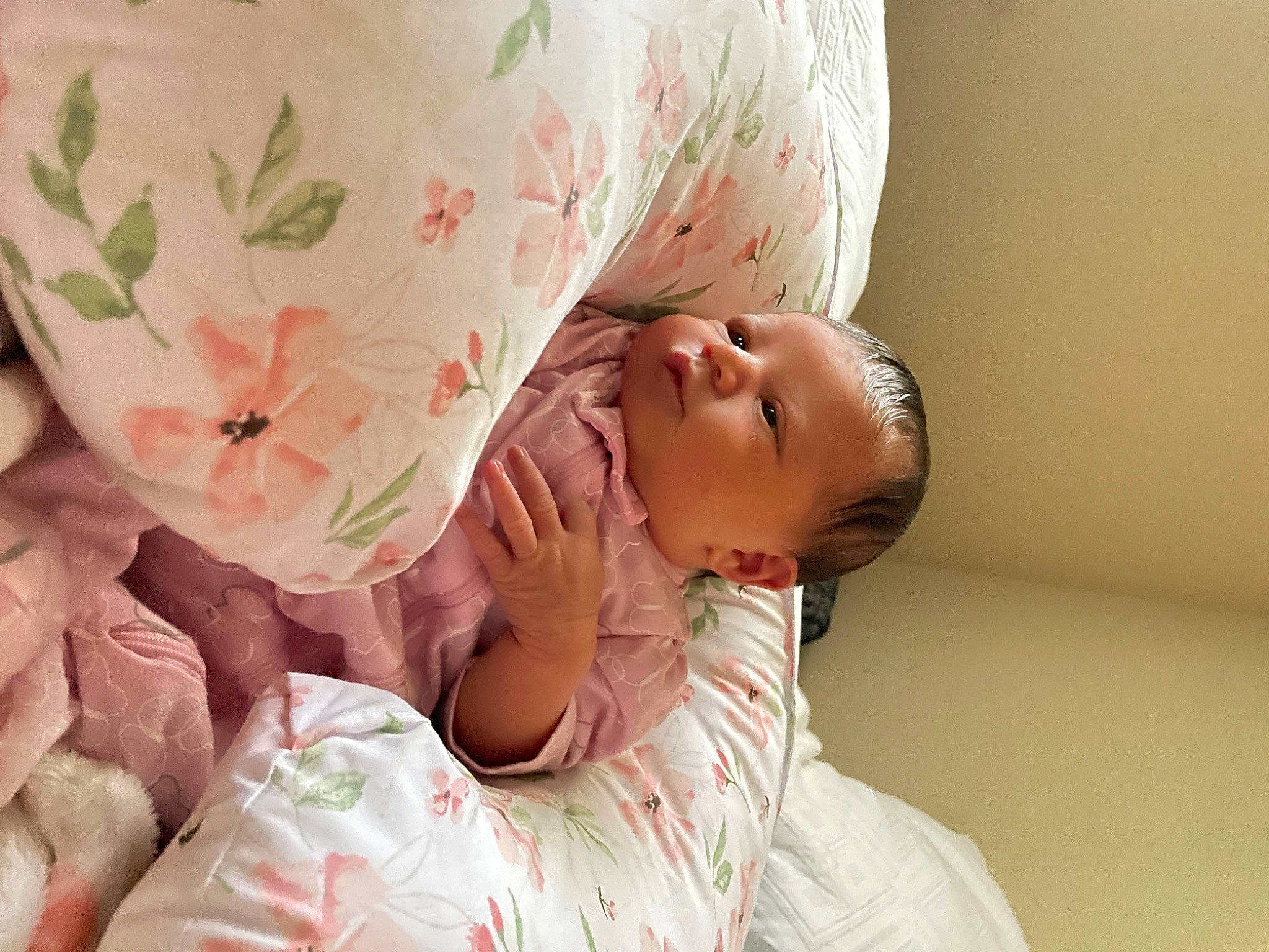 Daisy is registered to the contest to win money with this photo: arm, baby, child, comfort, eye, facial_expression, finger, flower, hair, hand, happy, head, human_body, linens, neck, nose, person, petal, pink, plant