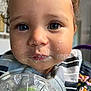 baby, beverage, bodypart, bottle, cream, cup, dessert, eating, face, finger, food, glass, hand, head, icing, mouth, person, photography, portrait, waterbottle