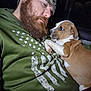Boudreau is registered to the contest to win money with this photo: affection, animal, beard, brown_and_white_dog, casual_clothing, close_up, cuddle, dog, expression, face, green_hoodie, hat, hoodie, indoor, man, pet, puppy, resting, snuggling, warmth
