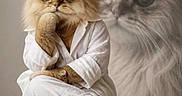 Cesar a rejoint le concours — aidez-le/la à gagner de superbes lots ! animal_face, artistic, background_blur, cat, composite, creative, fancy, feline, fluffy, furry, golden_fur, indoor, pensive, portrait, posing, sitting, stool, studio, watching, white_clothing