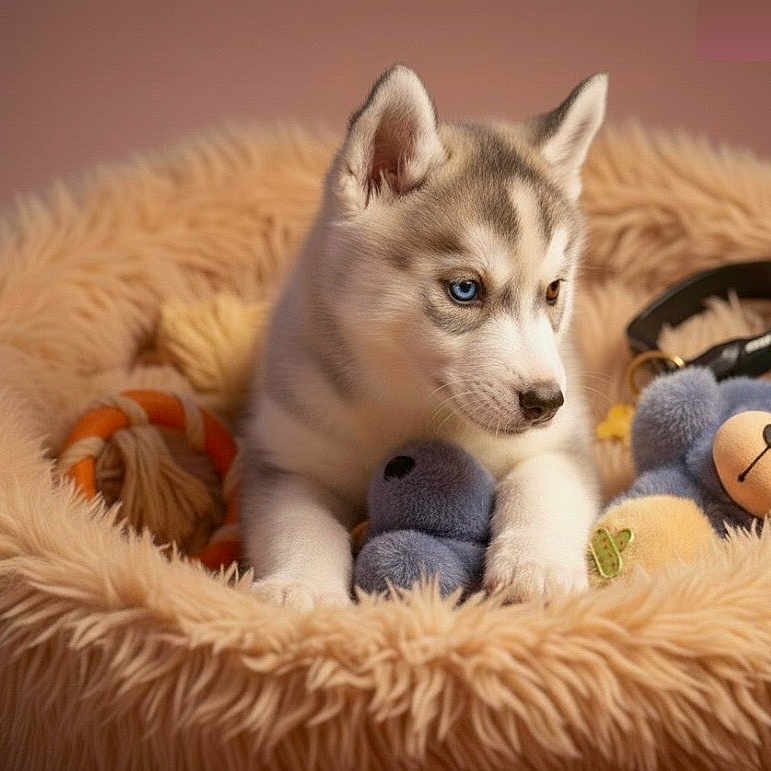 Mélissa Kochan participe au concours pour gagner de l'argent avec cette photo : animal, beige, blue_eyes, comfort, cozy, cute, dog, fluffy, fur, heterochromia, husky, indoor, pet_bed, playing, portrait, puppy, resting, teddy_bear, toys, young
