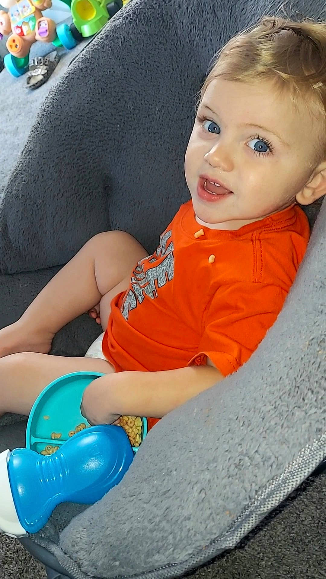 Krue joined the competition — help win amazing prizes! baby_toddler_clothing, blue, chair, elbow, eye, finger, fun, hair, happy, human_body, knee, leg, leisure, mouth, person, recreation, skin, smile, t_shirt, thigh