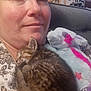 Mystic is registered to the contest to win money with this photo: person, kitten, cat, stuffed_animal, couch, indoor, sleeping, close_up, snuggling, patterned_clothing, cozy, pet, animal, domestic, feline, resting, soft_toy, relaxation, companion, cute