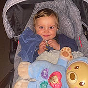Manuel a rejoint le concours — aidez-le/la à gagner de superbes lots ! toddler, child, stroller, blanket, plush_toy, blue_clothing, smile, face, baby, cute, indoor, comfort, happy, toy, fabric, head, seat, person, cozy, infant