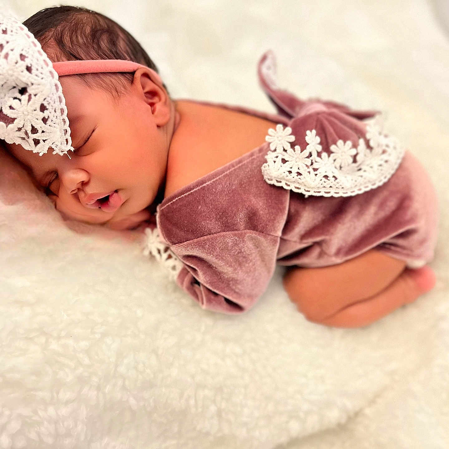 Navaeh joined the competition — help win amazing prizes! adorable, baby, blanket, child, cozy, cute, face, headband, infant, lace, newborn, peaceful, pink, portrait, resting, skin, sleeping, soft, velvet, white