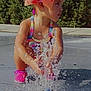 bow, child, colorful_bow, cute, fun, greenery, nature, outdoor, pink_shoes, play, side_profile, splash, summer, sunlight, swimsuit, toddler, water, water_play, water_splash, young_child