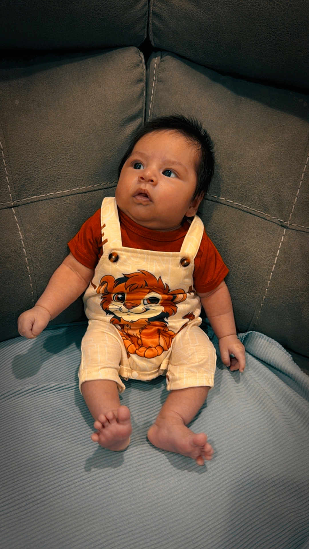Enzo joined the competition — help win amazing prizes! baby, infant, couch, clothing, overalls, cartoon, lion, sitting, face, eyes, hands, feet, fabric, cute, child, indoor, furniture, portrait, relaxed, young