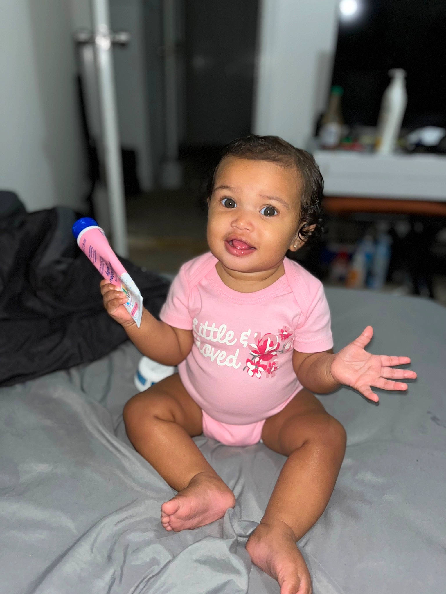 Elayna joined the competition — help win amazing prizes! baby_toddler_clothing, cheek, eye, finger, floor, hairstyle, happy, human_body, joint, leg, lip, mouth, muscle, neck, organ, person, pink, shoulder, skin, thigh