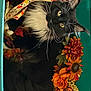 artificial_flowers, autumn_colors, black_and_white_fur, cat, close_up, cozy, curious, fall_decor, flowers, fluffy, indoor, longhair_cat, pet, portrait, ribbon, storage_bin, teal_container, tuxedo_cat, whiskers, yellow_eyes