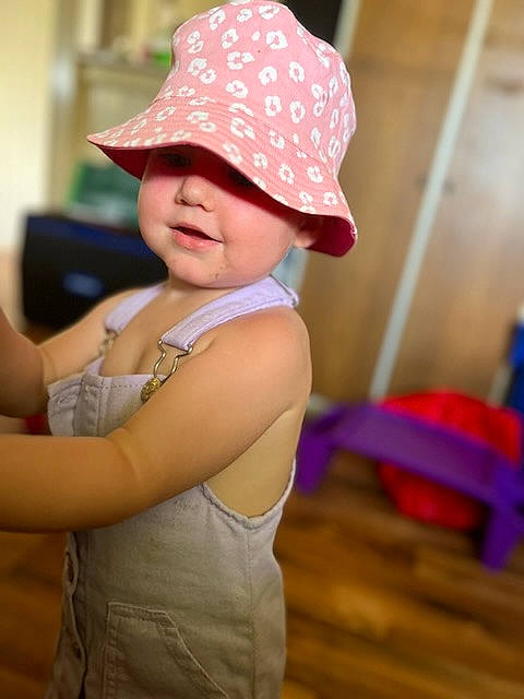 Lorelei joined the competition — help win amazing prizes! baby, baby_toddler_clothing, cap, child, costume_hat, electric_blue, fashion_accessory, fedora, fun, happy, hat, headgear, headwear, leisure, magenta, pattern, person, pink, portrait_photography, smile