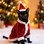 Midnight is registered to the contest to win money with this photo: black_cat, cat, christmas, holiday, santa_outfit, festive, red_clothing, white_fur_trim, santa_hat, yellow_eyes, indoor, decorations, christmas_tree, bokeh, snow_like_surface, cute, pet, animal, seasonal, celebration