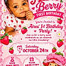 baby, child, birthday, birthday_invitation, strawberries, pink, red, headband, dress, portrait, smiling, face, infant, party, flowers, hearts, bow, graphic_design, text, illustration