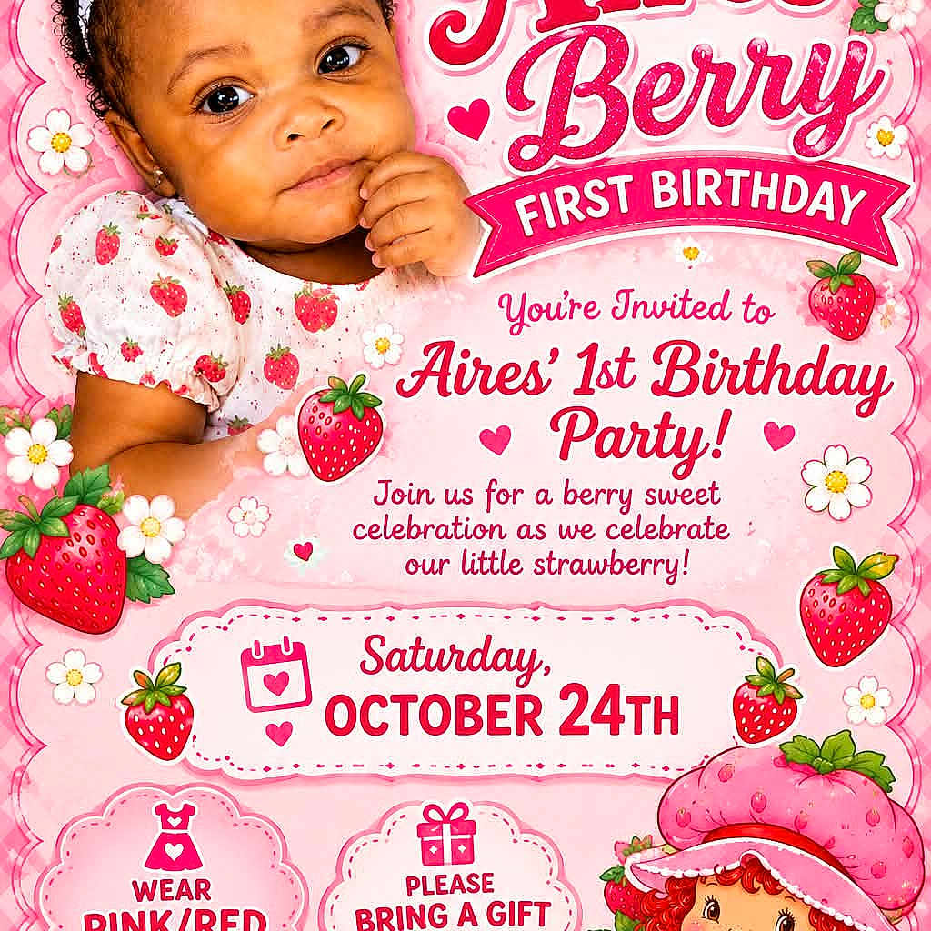 Aires is registered to the contest to win money with this photo: baby, child, birthday, birthday_invitation, strawberries, pink, red, headband, dress, portrait, smiling, face, infant, party, flowers, hearts, bow, graphic_design, text, illustration