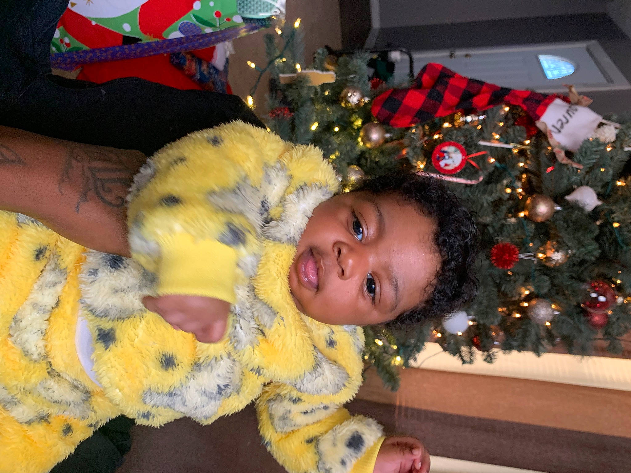 Ezra is registered to the contest to win money with this photo: baby_toddler_clothing, child, christmas_decoration, christmas_ornament, christmas_tree, conifer, event, fun, fur, happy, holiday, holiday_ornament, lap, person, room, smile, toddler, tree