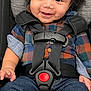 child, baby, infant, smiling, car_seat, safety_harness, buckle, red_button, plaid_shirt, flannel_shirt, jeans, socks, blanket, hair, face, eyes, cheeks, portrait, close_up, cute