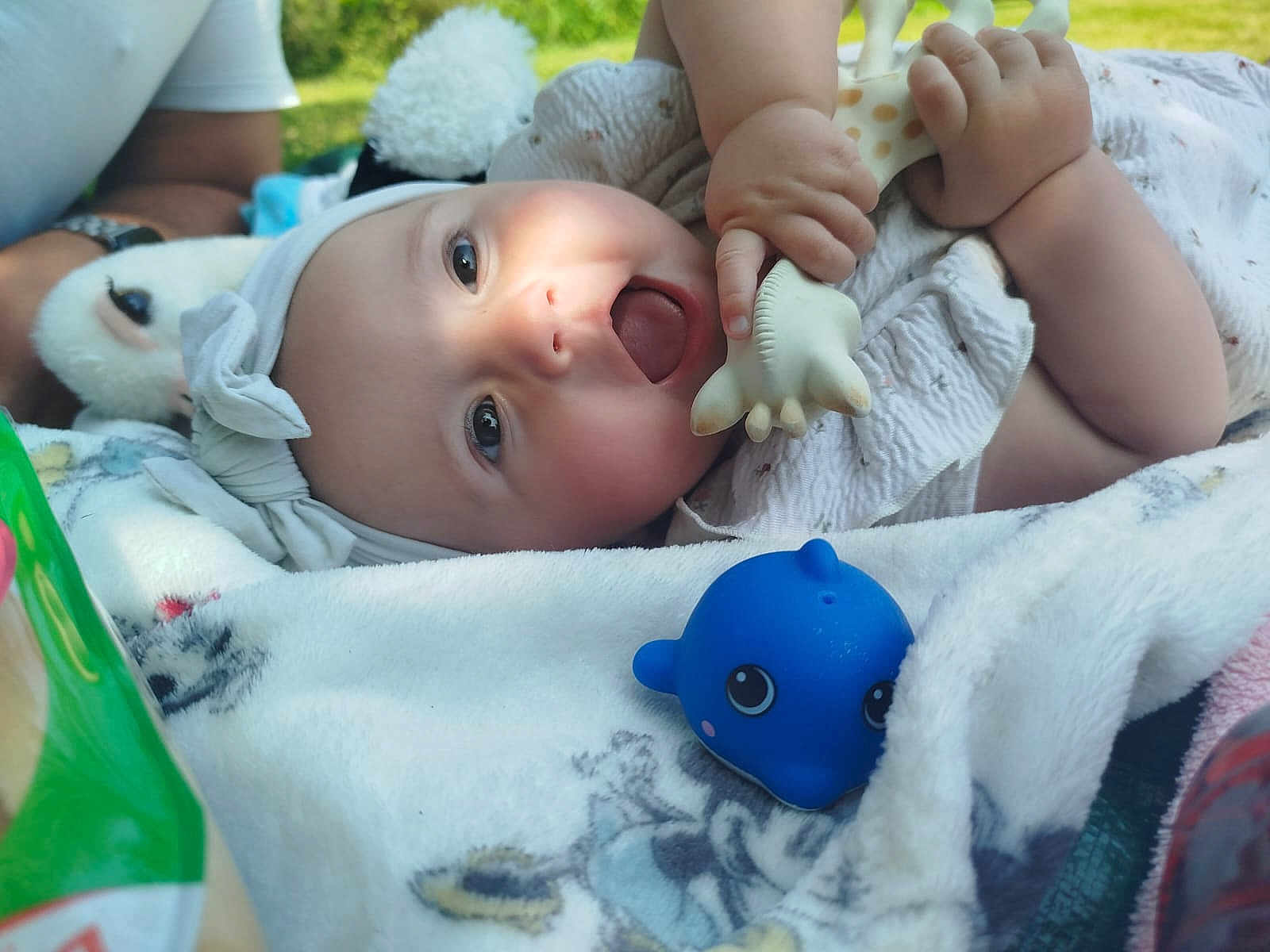 Lyana a rejoint le concours — aidez-le/la à gagner de superbes lots ! baby, child, toy, blanket, outdoor, playtime, happy, cute, infant, hand, face, headband, blue_toy, soft_toy, person, smile, skin, clothing, nature, relaxation
