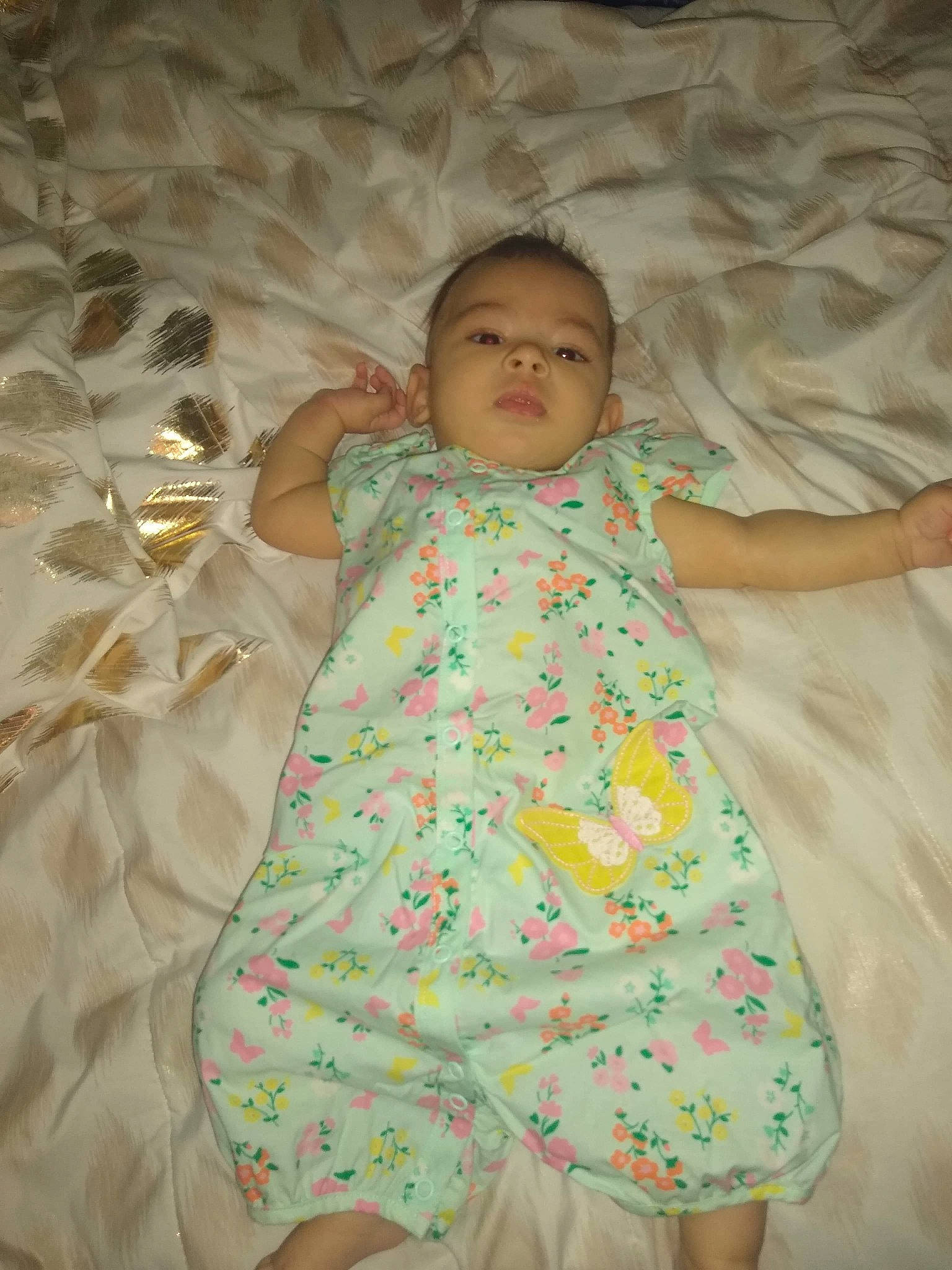 Arianna joined the competition — help win amazing prizes! baby, baby_toddler_clothing, day_dress, foot, linens, mouth, nightwear, nose, one_piece_garment, peach, person, pink, skin, textile