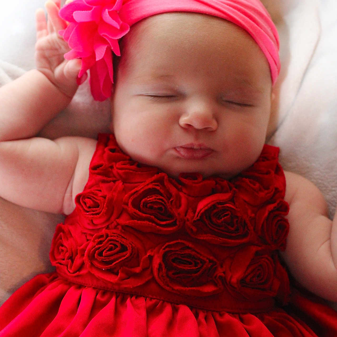 Maylina joined the competition — help win amazing prizes! adorable, baby, child, closeup, cozy, cute, face, flower, hand, headband, infant, newborn, peaceful, pink, portrait, red_dress, resting, skin, sleeping, soft_blanket