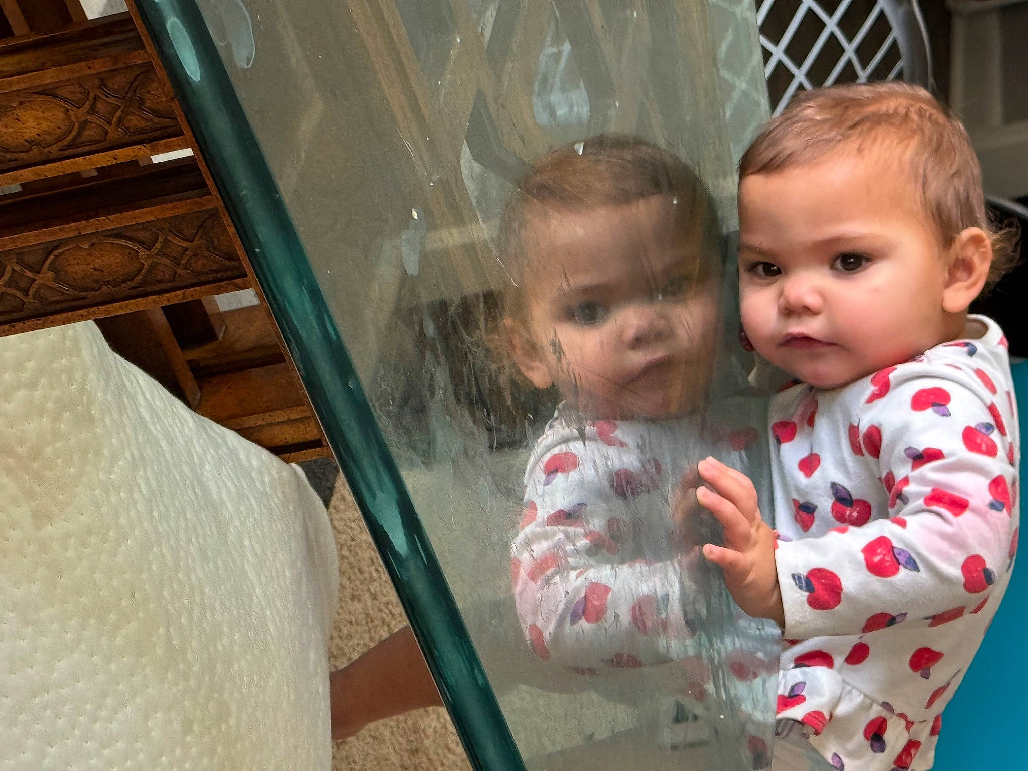 Queen joined the competition — help win amazing prizes! baby, baby_products, baby_toddler_clothing, child, flooring, fun, glass, happy, leisure, pattern, person, room, sitting, sleeve, smile, textile, toddler, vacation