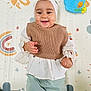 baby, infant, smiling, headband, knitted_vest, white_shirt, pants, playmat, colorful_background, stars, rainbow, toy, happy, child, cute, indoors, portrait, crawling, person, toddler
