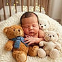 newborn, baby, teddy_bear, plush_toy, blanket, sleeping, infant, soft_toy, cute, cozy, bedroom, fairy_lights, nursery, child, portrait, indoor, resting, peaceful, warm, fuzzy