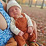 baby, sleeping, hat, knitwear, overalls, socks, blanket, autumn, outdoor, park, tree, leaves, person, hand, cozy, fall, child, resting, portrait, soft