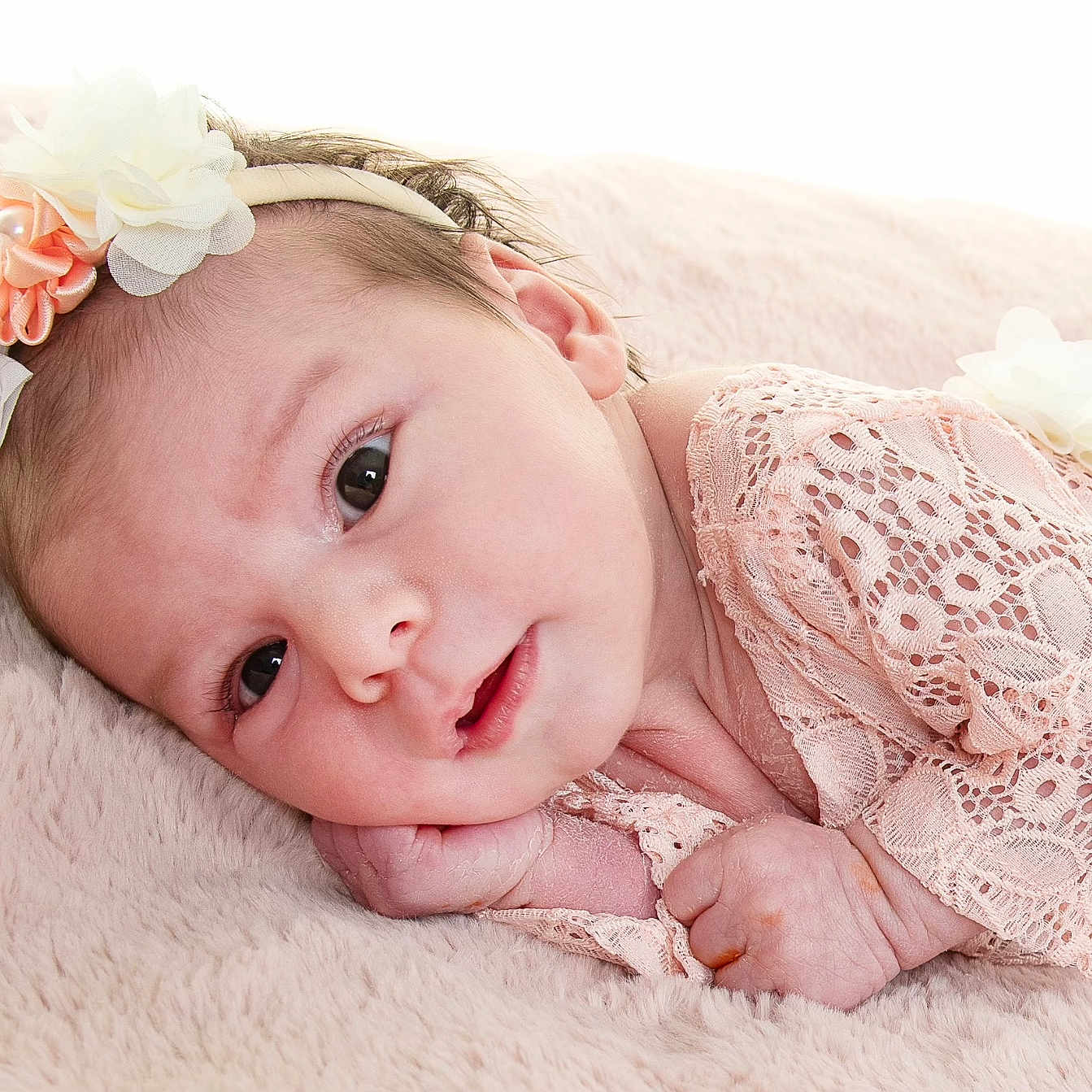 Lahna participe au concours pour gagner de l'argent avec cette photo : accessories, baby, bodypart, clothing, cushion, dress, face, finger, flower, hand, happy, head, headband, homedecor, lace, newborn, person, photography, portrait, smile