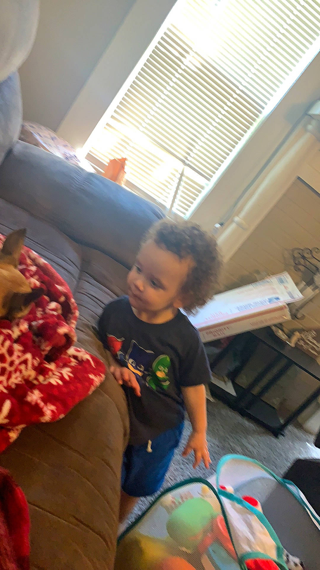 Jeremiah joined the competition — help win amazing prizes! baby, child, comfort, couch, event, flooring, fun, holiday, lap, leisure, living_room, person, play, room, sitting, snapshot, standing, t_shirt, thigh, toddler