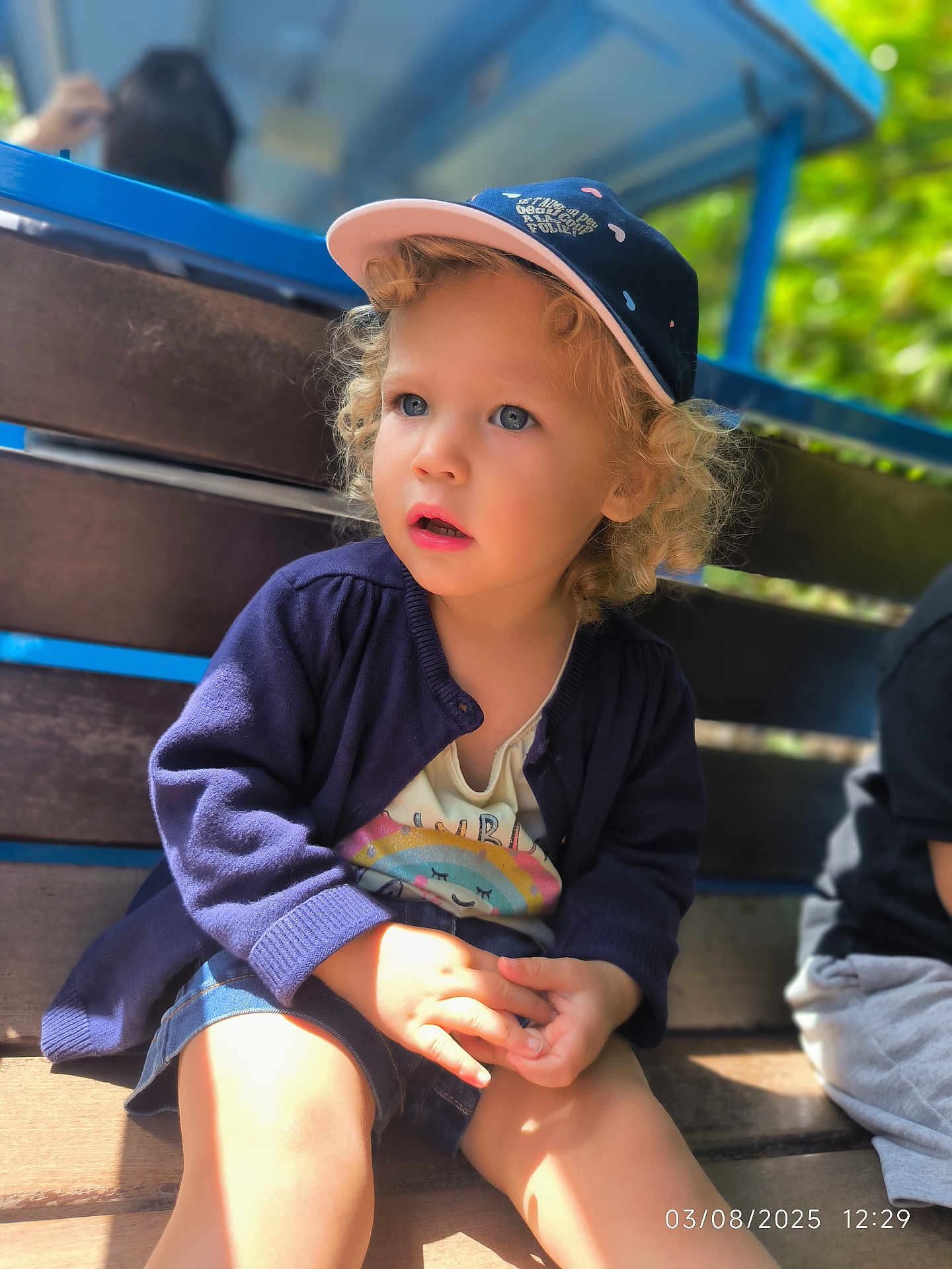 Nila a rejoint le concours — aidez-le/la à gagner de superbes lots ! bench, blue_eyes, cap, cardigan, casual_clothing, child, curly_hair, cute, daylight, expression, innocence, nature, outdoor, portrait, shorts, sitting, sunlight, toddler, wooden_steps, young_child