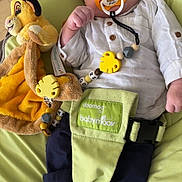 Kaylon a rejoint le concours — aidez-le/la à gagner de superbes lots ! baby, pacifier, plush_toy, simba, lion_king, baby_seat, green, clothing, shoes, infant, cute, toy, child, comfort, white_shirt, navy_pants, soft, indoor, relaxing, small