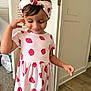 Eliahna is registered to the contest to win money with this photo: child, girl, dress, headband, strawberry_pattern, smile, indoor, carpet, door, wall, wood_floor, cute, young, person, fashion, happy, standing, portrait, casual, home