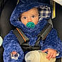 baby, pacifier, milk_bottle, blue_hooded_outfit, car_seat, infant, child, cute, wide_eyes, clothing, straps, hand, face, looking, indoors, portrait, warm, comfort, sitting, feeding