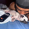 person, dog, puppy, bed, blanket, remote_control, sleeping, nose, face, paw, indoor, close_up, cuddle, resting, human_animal_interaction, comfort, relaxation, skin, headwear, beard