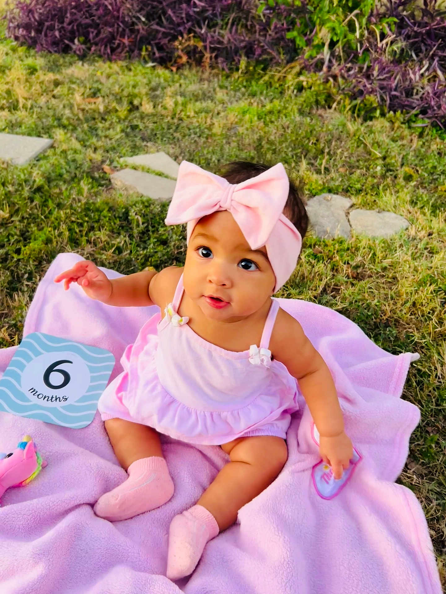 Kyrah is registered to the contest to win money with this photo: baby, infant, child, pink_bow, pink_dress, pink_socks, blanket, grass, outdoor, toy, milestone_card, sitting, cute, portrait, headband, young_child, nature, greenery, playtime, curious