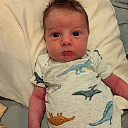 Mason is registered to the contest to win money with this photo: baby, infant, dinosaur_onesie, cute, wide_eyes, spiky_hair, pillow, soft_fabric, indoors, portrait, child, newborn, clothing, laying_down, skin, hand, face, person, young, curious