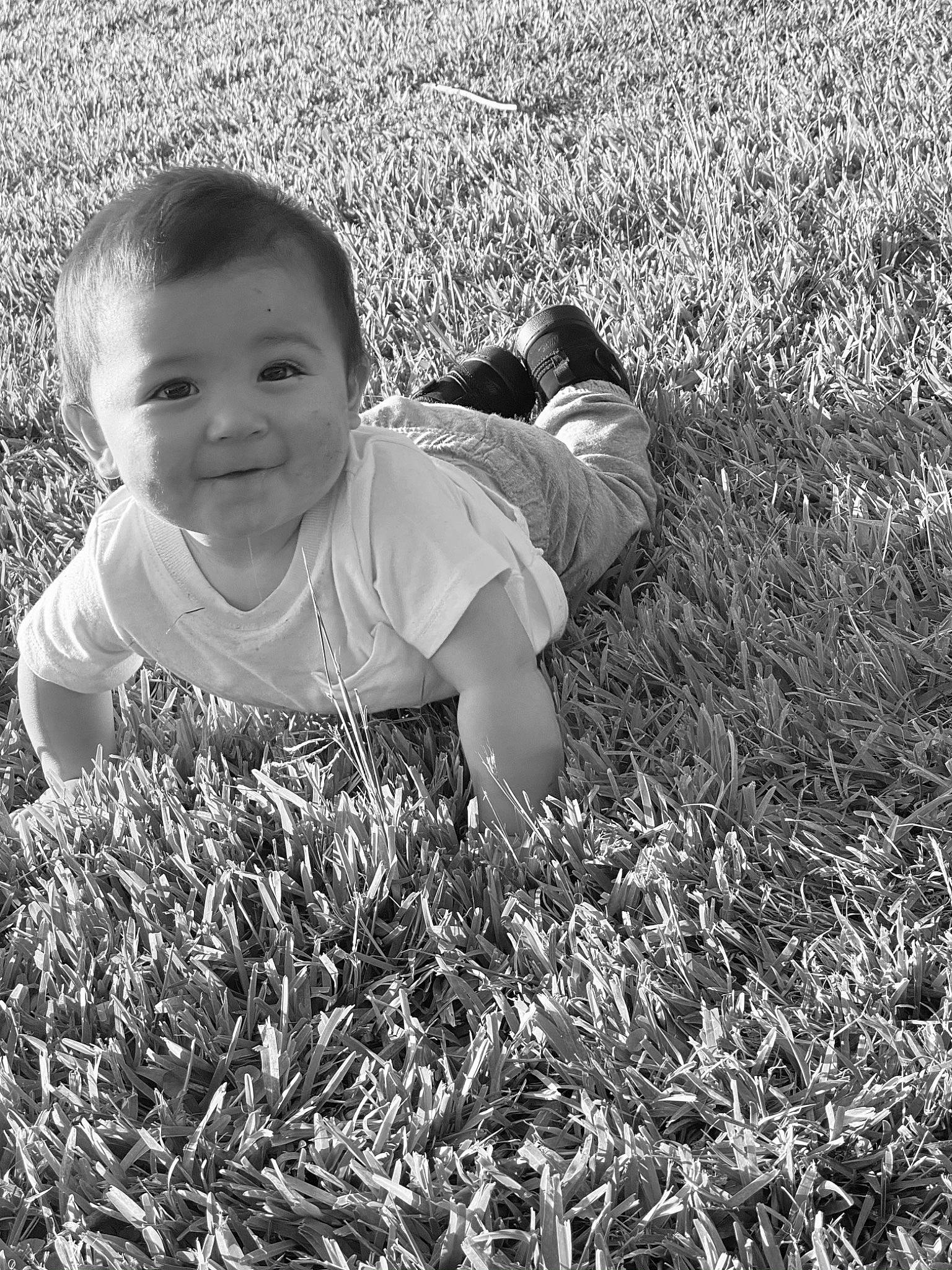 Bobby is registered to the contest to win money with this photo: adaptation, black_and_white, child, grass, grass_family, happy, leaf, monochrome, monochrome_photography, people, person, photograph, photography, plant, smile, snapshot, stock_photography, style, toddler