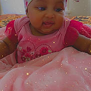 Laila is registered to the contest to win money with this photo: baby, child, infant, headwrap, pink_clothing, blanket, lying_down, face, smiling, indoors, soft_texture, cute, adorable, sparkles, cozy, portrait, happy, young_child, colorful, warm