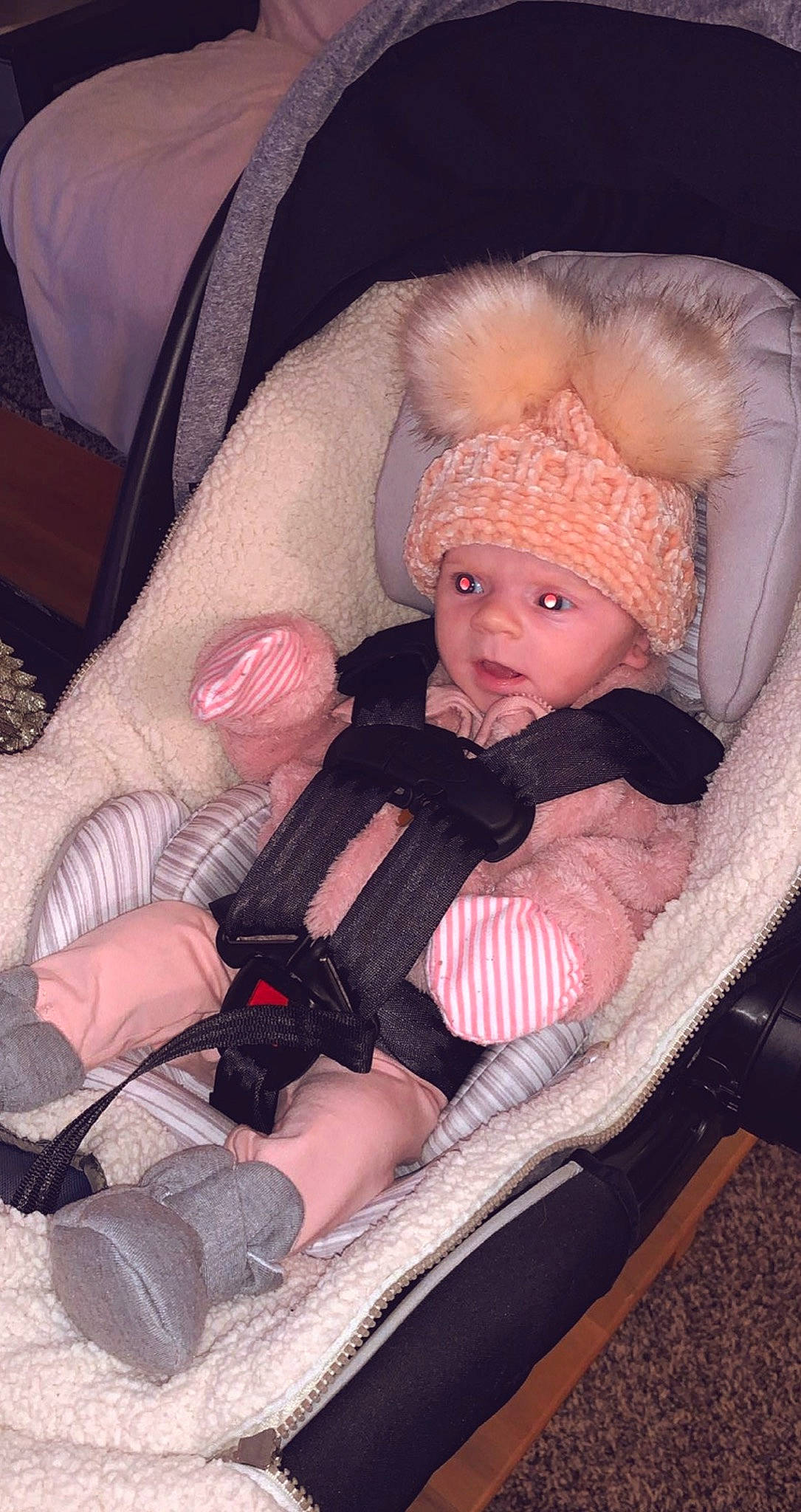 Annaleah joined the competition — help win amazing prizes! baby, baby_carriage, baby_in_car_seat, baby_products, car_seat, child, comfort, finger, headwear, person, pink, product, toddler