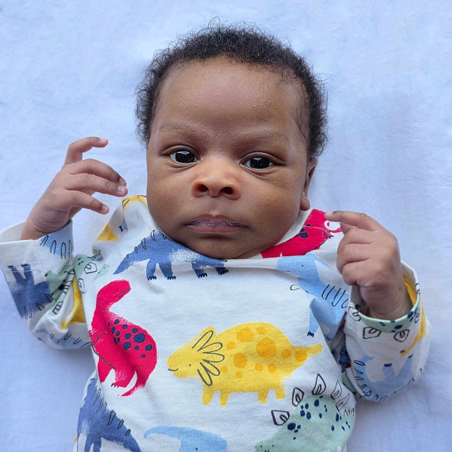 Maro is registered to the contest to win money with this photo: baby, blanket, child, clothing, colorful, cute, dinosaur_print, expression, eyes, face, hand, indoor, infant, lying_down, onesie, person, portrait, skin, soft, young