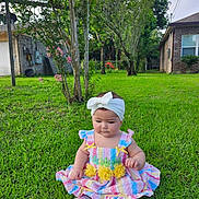 Rhianna is registered to the contest to win money with this photo: baby, child, grass, outdoor, dress, headband, flowers, greenery, nature, yard, house, socks, cute, sitting, summer, daylight, trees, pink, colorful, portrait